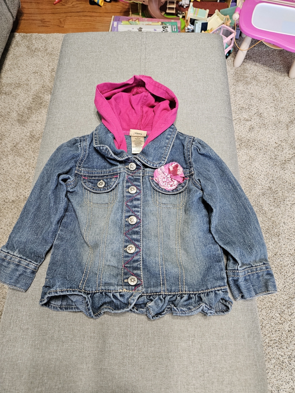 Arizona Jean Company Girls Denim Jacket with Pink Hood and Flower